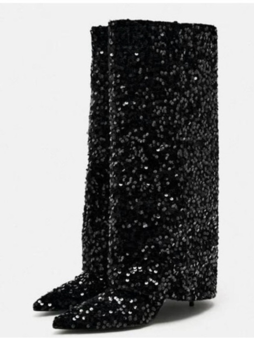 Zara Black Sequin Knee-High Pointed-Toe Heeled Boots